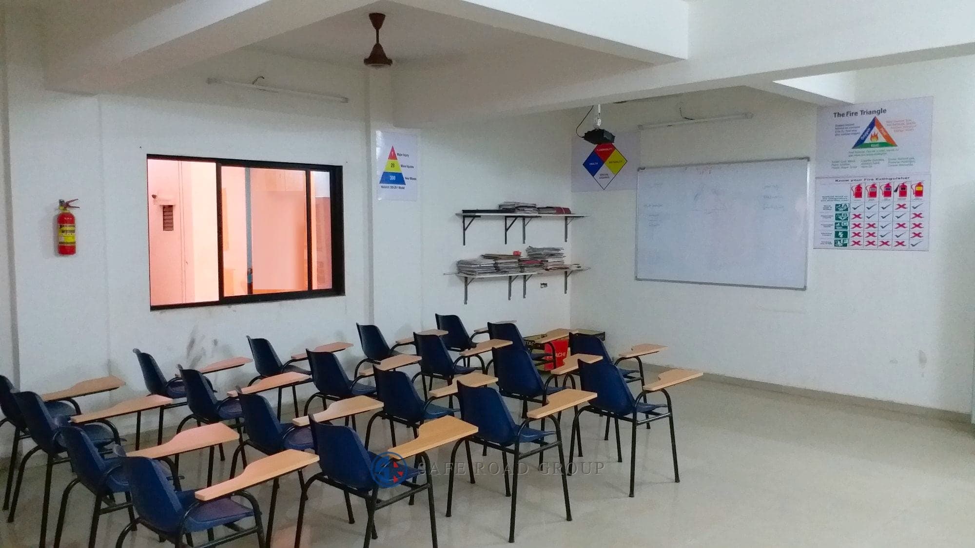 The safety classroom at Varanasi, the fire triangle and extinguisher charts on the wall