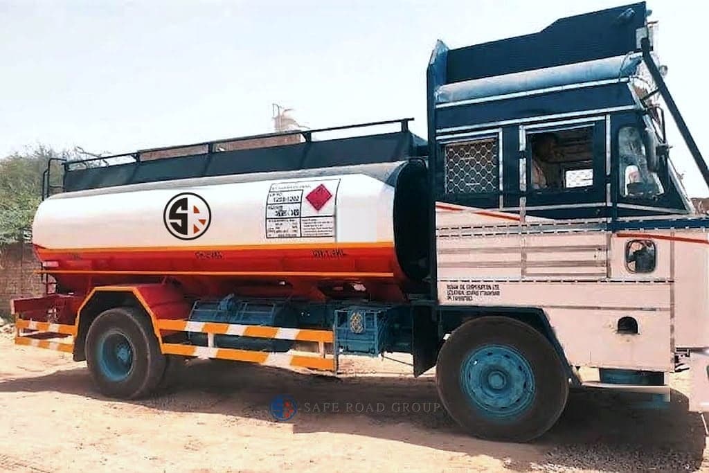 The placarded tanker used for dangerous goods practical drills